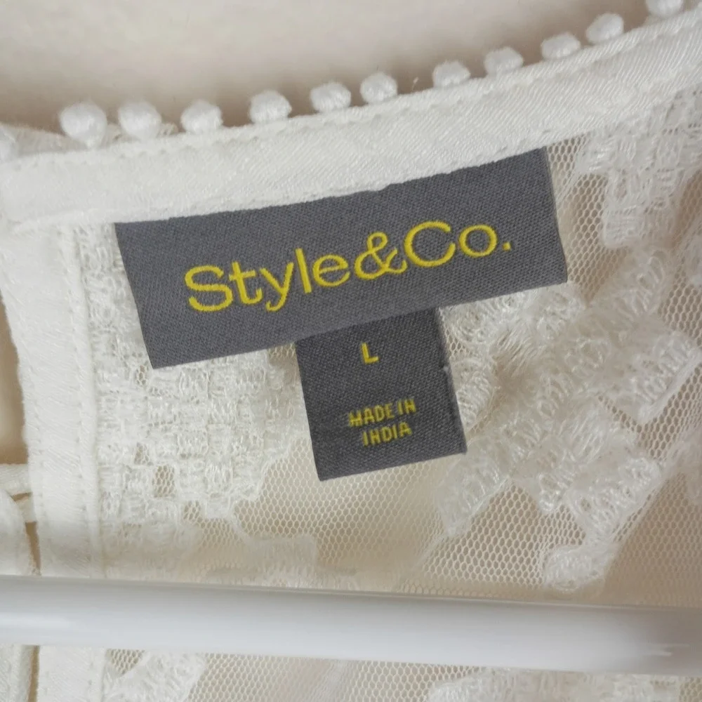 Style & Co White Lace Yoke Sleeveless Blouse Boho Crinkle Top Large - Picture 4 of 8